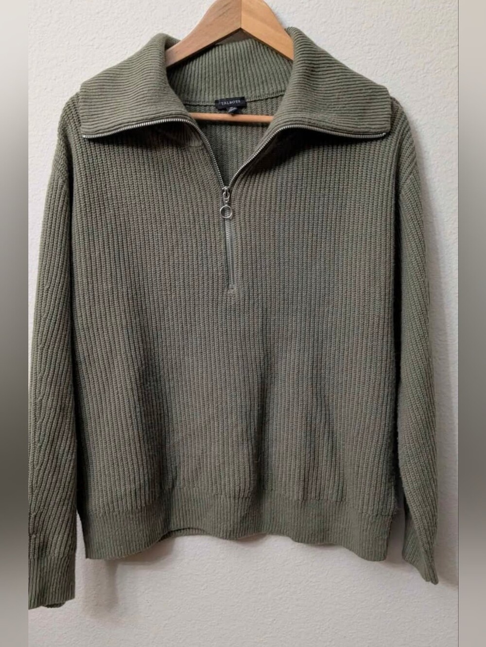 Talbots Women Olive Ribbed Half-Zip Sweater